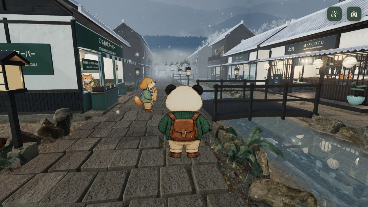 The panda traveler beside Komorebi’s stream and lantern-lit wooden buildings in Elsewhere Japan