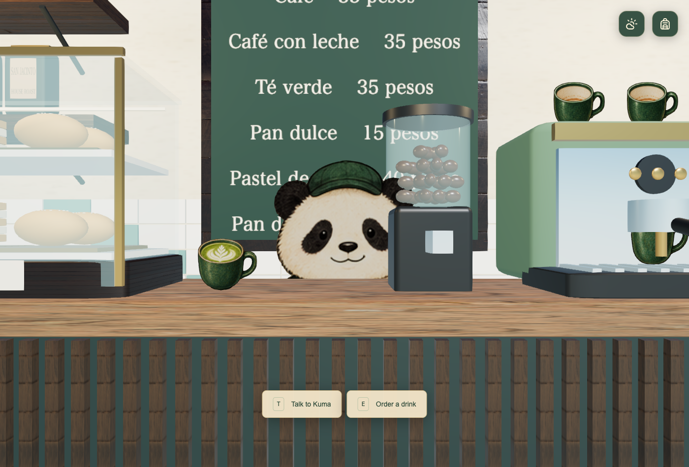 Kuma the panda barista behind a café counter in the Mexico game