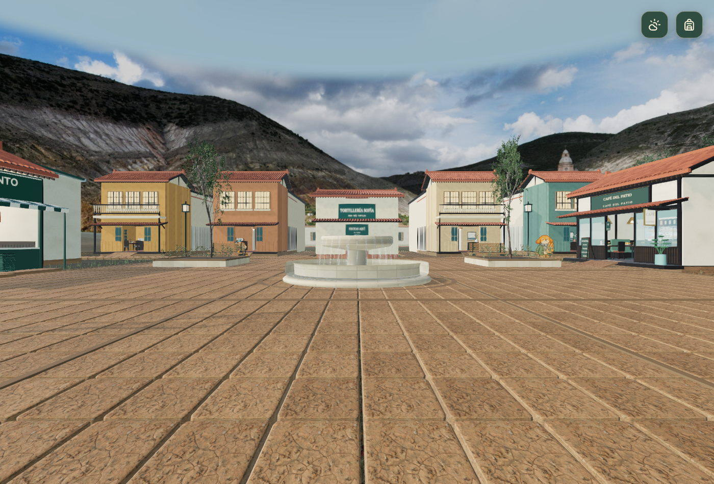 The fountain plaza and colorful shops of San Jacinto in Elsewhere Mexico