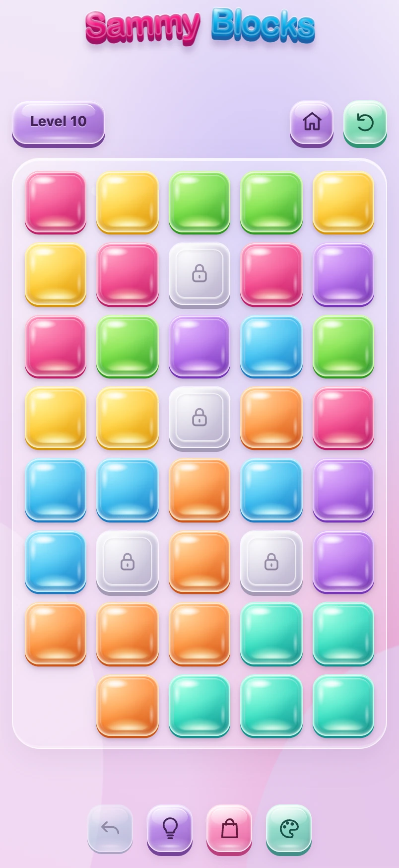 Actual Sammy Blocks level 10, a full puzzle board with colorful square jellies and locked blocks