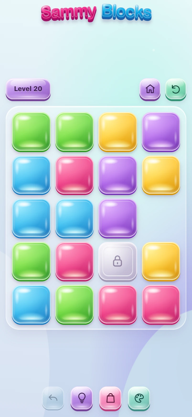 Actual Sammy Blocks level 20, a full puzzle board with colorful square jellies and locked blocks
