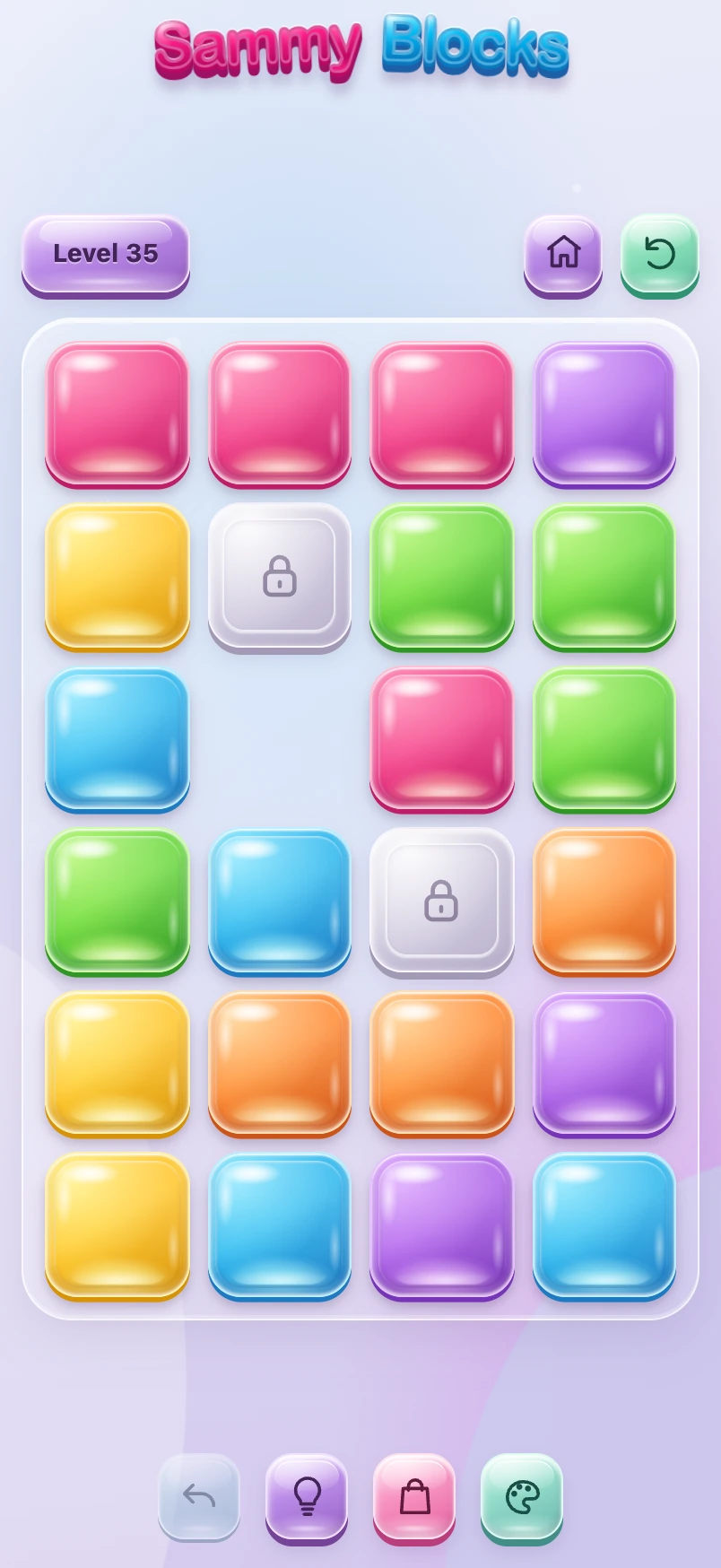 Actual Sammy Blocks level 35, a full puzzle board with colorful square jellies and locked blocks