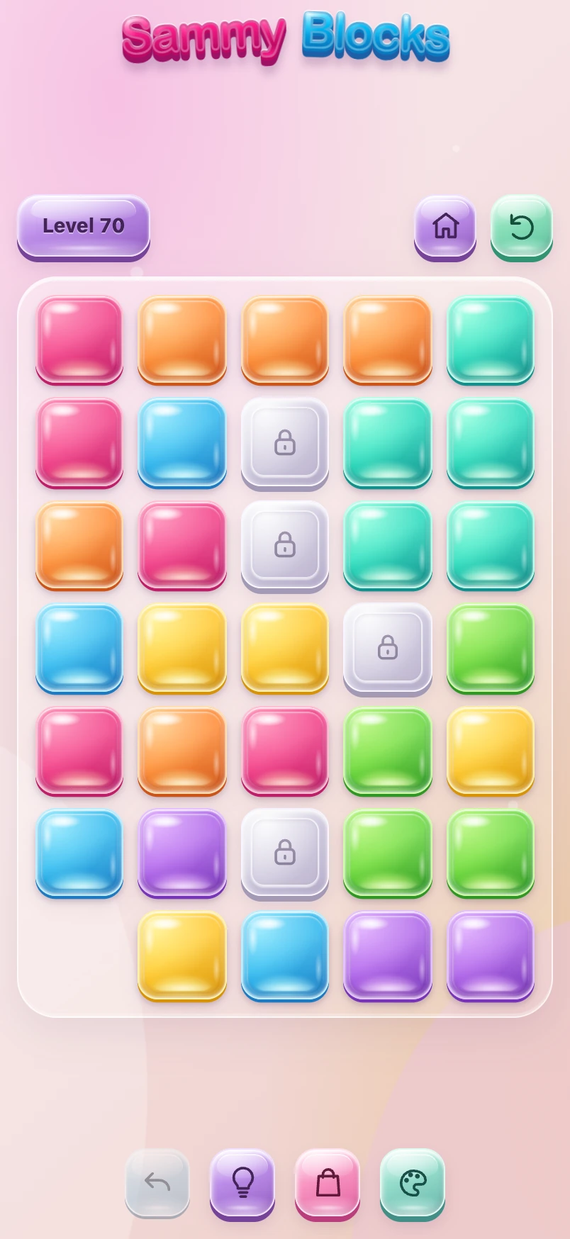 Actual Sammy Blocks level 70, a full puzzle board with colorful square jellies and locked blocks