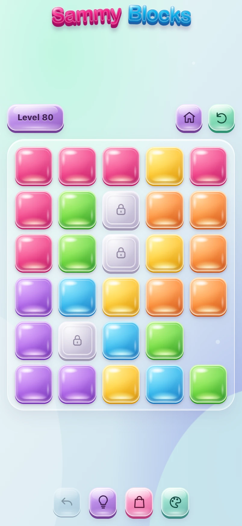 Actual Sammy Blocks level 80, a full puzzle board with colorful square jellies and locked blocks