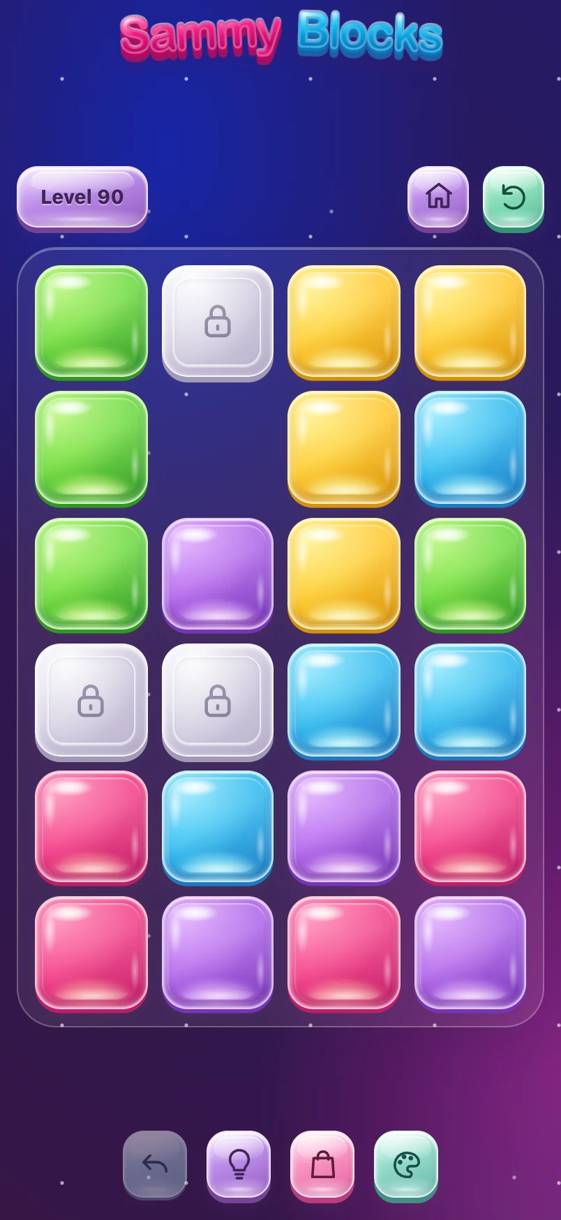 Actual Sammy Blocks level 90, a full puzzle board with colorful square jellies and locked blocks