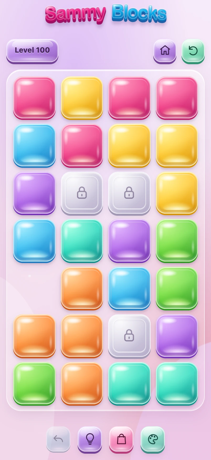 Actual Sammy Blocks level 100, a full puzzle board with colorful square jellies and locked blocks