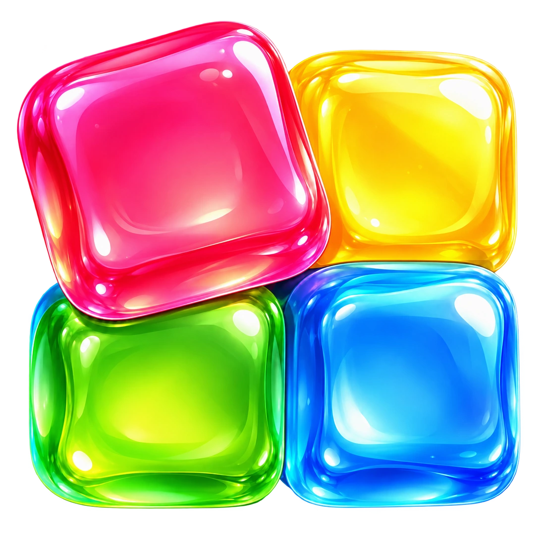 Four glossy Sammy Blocks jellies in pink, yellow, green and blue