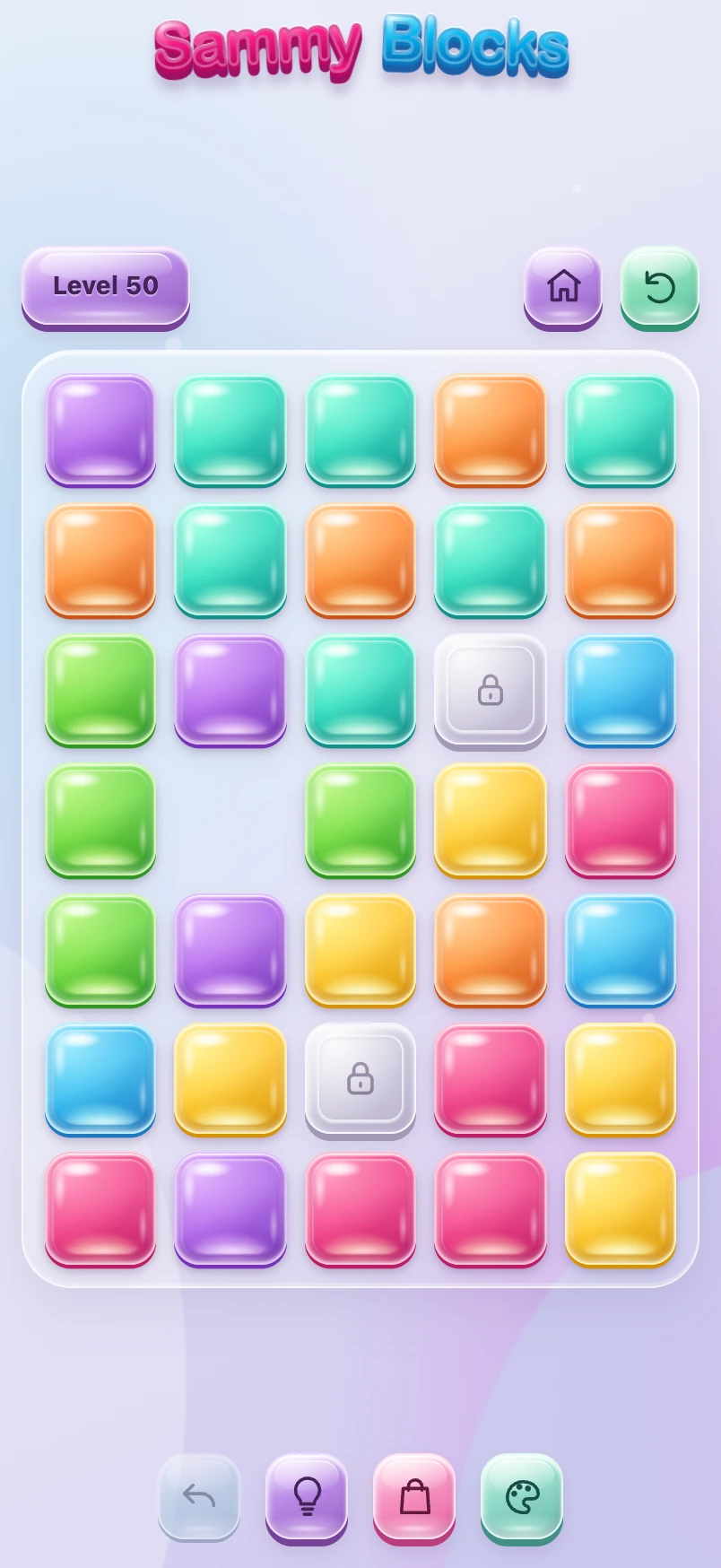 Sammy Blocks level 50 with colorful square jellies and locked blocks